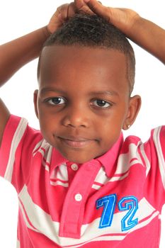 afro american beautiful black child who smiles isolated metisse hair curly teeth