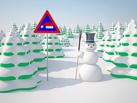 The winter landscape with trees and snowman