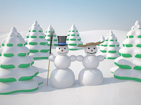 The winter landscape with trees and snowman