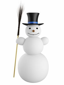 Big white snowman with broom and hat