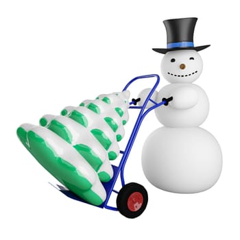 Big snowman with Christmas tree on a pushcart