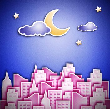 City at night. The crescent moon and star.