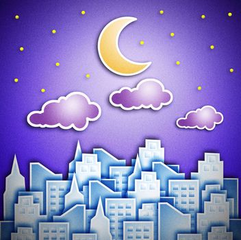 City at night. The crescent moon and star.