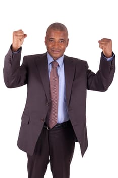 businessman with arms raised isolated on white background