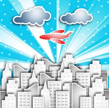 Aircraft flying over the city that has snow.