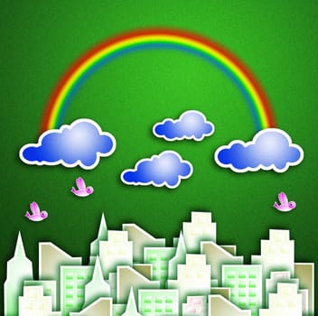 Modern city in good weather. Seen a beautiful rainbow in the sky.