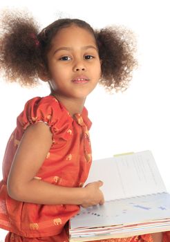 African American Asian black child reads a book isolated metisse