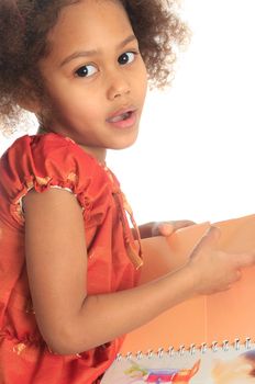 African American Asian black child reads a book isolated metisse