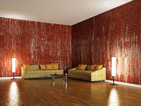 Sofas and a lamps near the brick wall