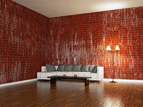 Sofa and a lamp near the brick wall