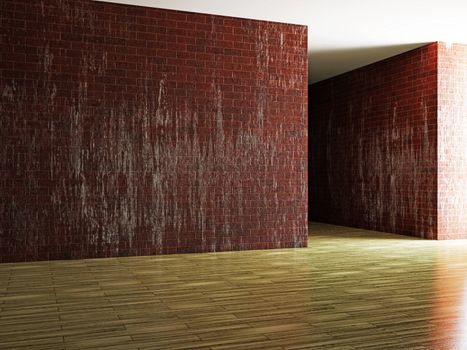 A large hall with a brick wall