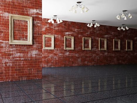 The big gallery with empty wooden frames