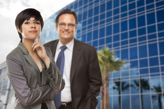 Attractive Mixed Race Woman and Businessman in Front of Corporate Building.