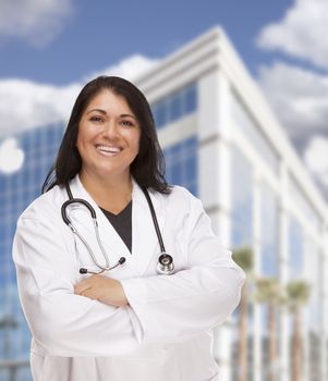 Attractive Hispanic Doctor or Nurse in Front of Corporate Building.