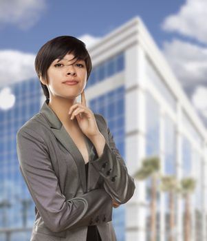 Attractive Mixed Race Young Adult in Front of Corporate Building.