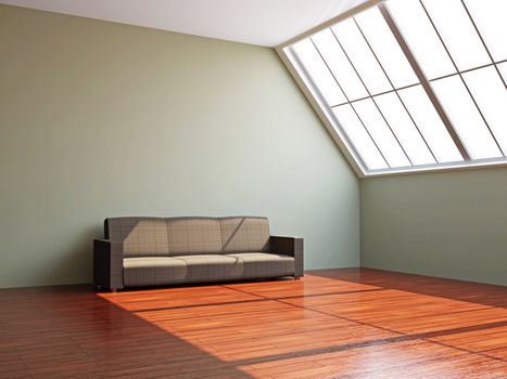 Grey sofa  near the wall in the room