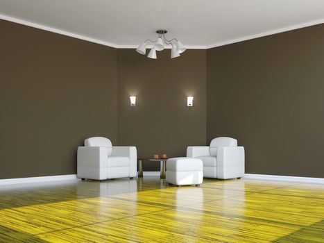 Armchairs and a table near the wall