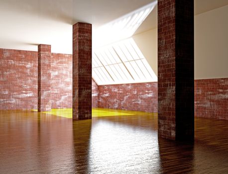 A large hall with a brick columns
