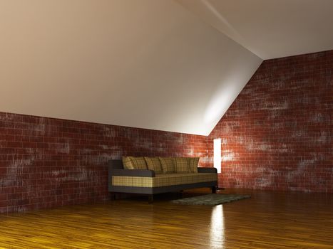 Sofa and a lamp near the brick wall