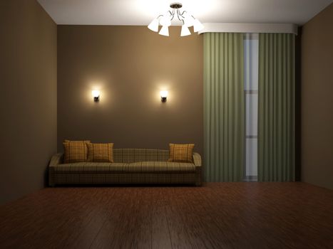 Sofa with pillows near the big window
