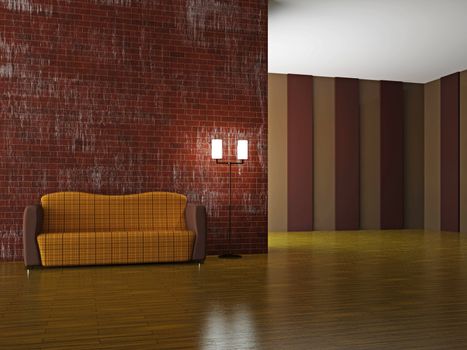 Sofa and a lamp near the wall