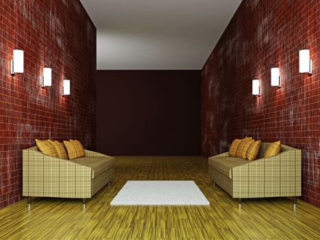 Sofas with pillows near the brick wall