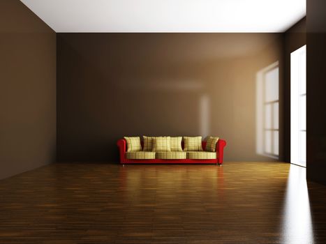 Red sofa with pillows near the wall