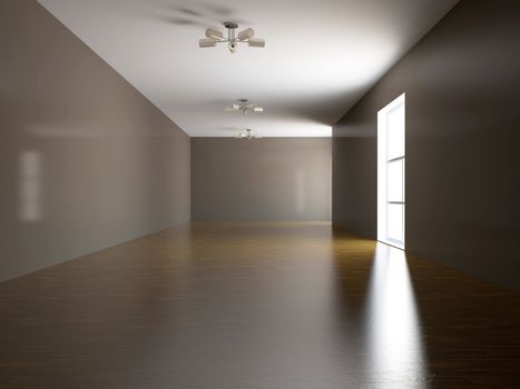 A large hall with a big window