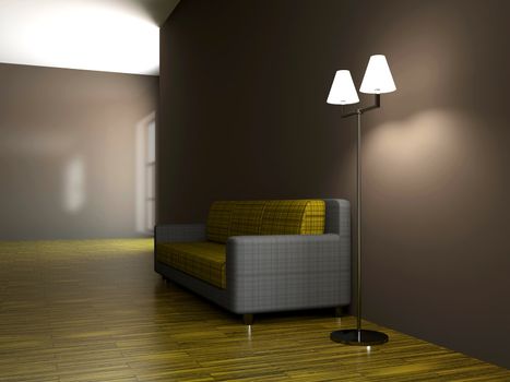 Sofa and a lamp near the wall