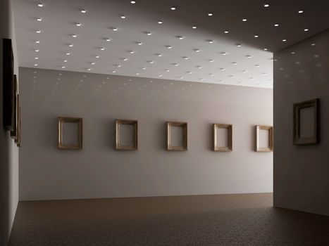 The big gallery with empty wooden frames
