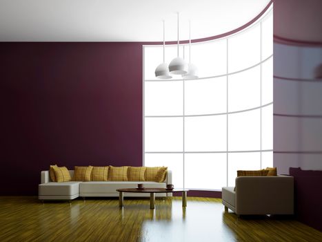 Sofa and a table near the big window