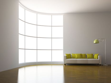 Sofa with pillows near the big window