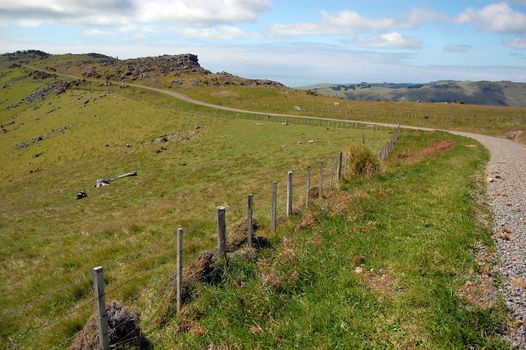 Gravel road and farm fence, Banks Peninsula, New Zealand