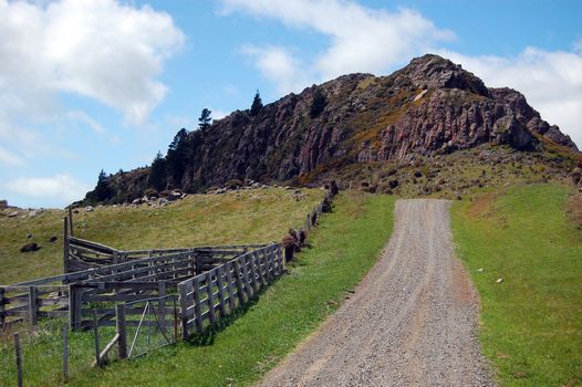 Gravel road and farm fence, Banks Peninsula, New Zealand