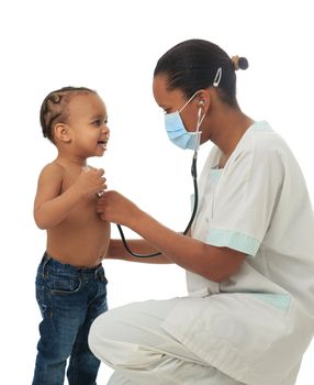Black African American nurse with child isolated metisse stethoscope infirmiere