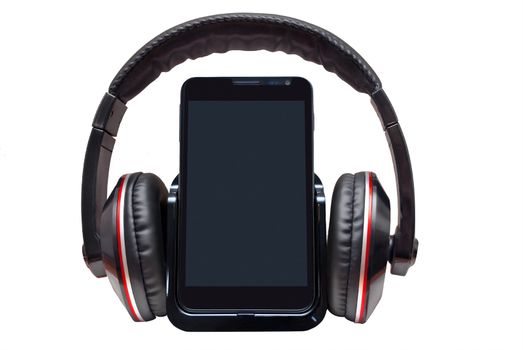 Mobile phone with headphones isolated on white background.