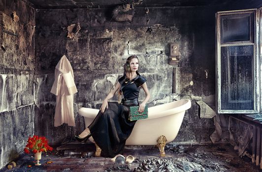 vintage woman and bathtub in grunge interior (photo compilation)