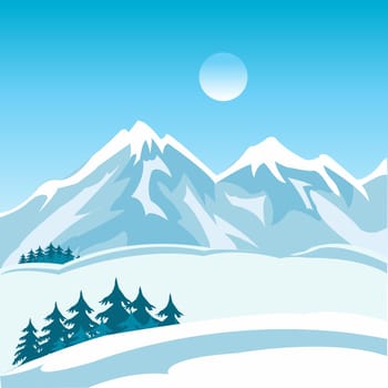 Illustration of the mountain landscape in winter