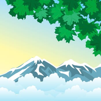 Illustration of the green branch with sheet on background of the mountains