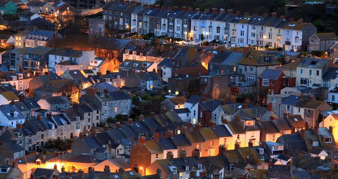 Terraced houses at night time on portland dorset