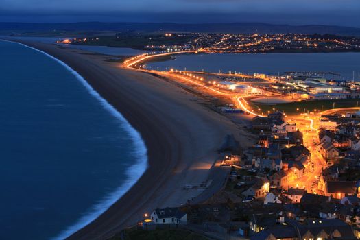 Street lights light up the causway at Chesil Beach Fortuneswell Portland Dorset