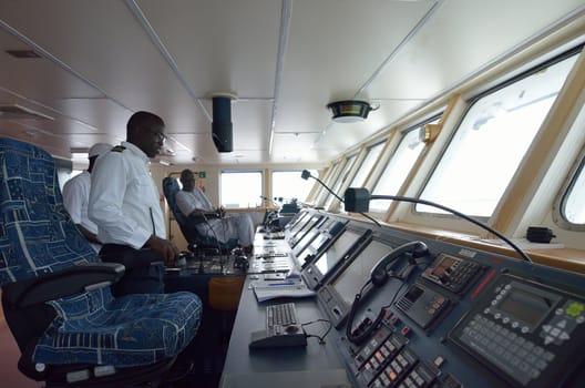 Ziguinchor,Senegal, September,30,2012 :maritime crew to the commands of the new ship that from Ziguinchor to Dakar. In 2002 it sank the old ship and they are dead 730 people. Now sails a new ship pride of the Senegal,
in Ziguichor,September,30,2012