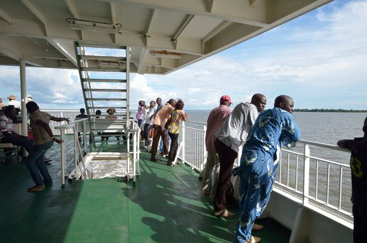 Ziguinchor,Senegal, September,30,2012 : passengers in the new ship that from Ziguinchor to Dakar. In 2002 it sank the old ship and they are dead 730 people.Now sails a new ship pride of the Senegal,in Ziguichor,September,30,2012