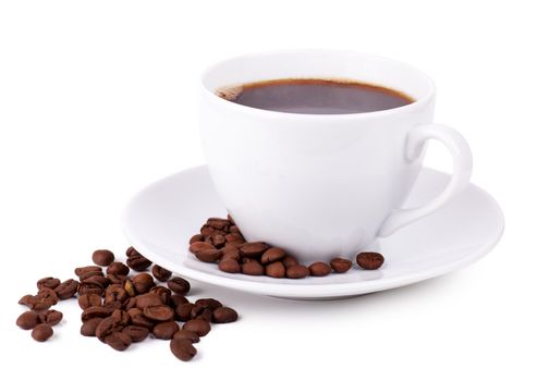 Cup of coffee on a plate with coffee beans