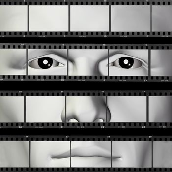 Man portrait on contact sheet filmstrip photo background. 3d illustration. 