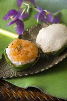 Thai dessert in old style on traditional background