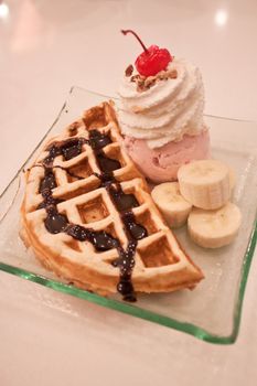 Waffle with seasonal and icecream with banana