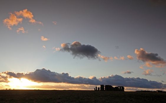 Ancient stoneage monument of stonehenge at sunset in wiltshire