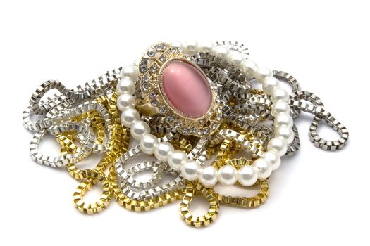 Beautiful diffiernet necklaces and ring on white background