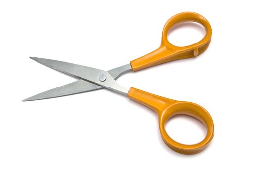 Yellow handled scissors isolated on white background 
